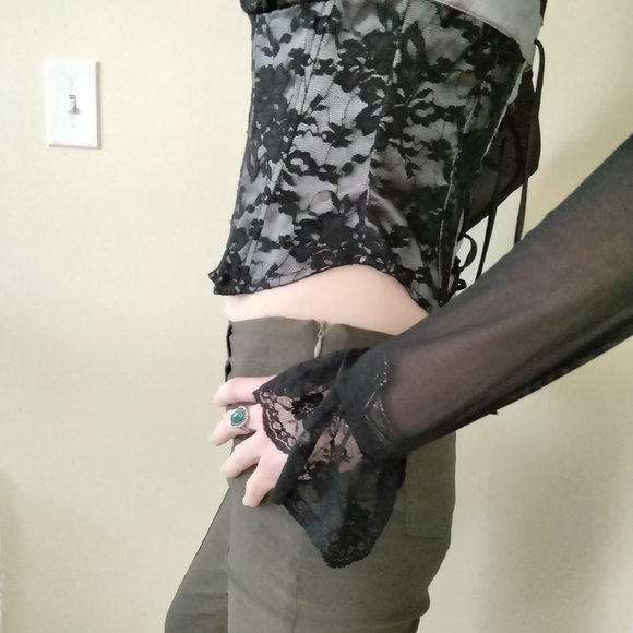 Aggie Black Lace Hook and Eye Corset Bustier top with mesh sleeves - Picture 5 of 13